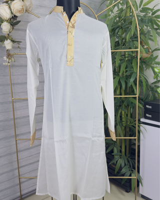 Men’s White Panjabi with Gold Printed Placket & Collar – Elegant Traditional Wear by Simple White (Punjabi BDT 4,990 + Pajama BDT 2,500)_img_3