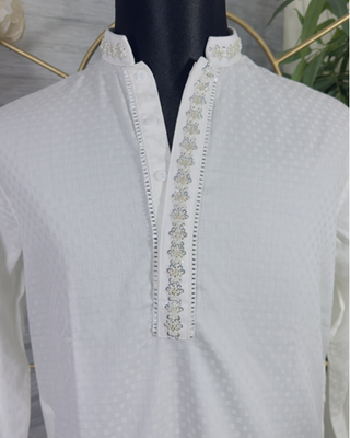 Men’s White Panjabi with Silver Embellished Placket & Collar – Premium Festive Wear by Simple White (Punjabi BDT 7,490 + Pajama BDT 2,500)_img_1