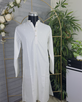 Classic White Panjabi with Embroidered Collar and Floral Buttons – Elegant Men’s Ethnic Wear by Simple White (Punjabi BDT 7,490 + Pajama BDT 2,500)_img_3