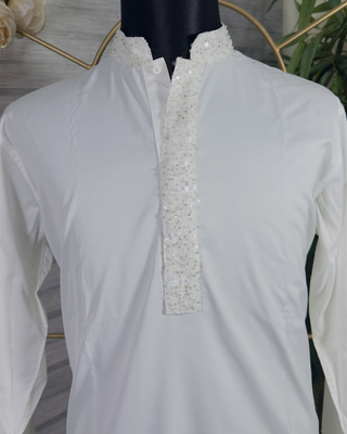 Elegant White Panjabi with Sequined Embroidered Placket – Premium Festive Wear by Simple White (Punjabi BDT 9,490 + Pajama BDT 2,500)_img_1