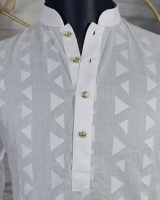 Men’s White Panjabi with Textured Geometric Pattern & Gold Buttons – Festive Wear by Simple White (Punjabi BDT 4,990 + Pajama BDT 2,500)_img_1
