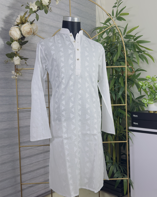 Men’s White Panjabi with Textured Geometric Pattern & Gold Buttons – Festive Wear by Simple White (Punjabi BDT 4,990 + Pajama BDT 2,500)_img_2