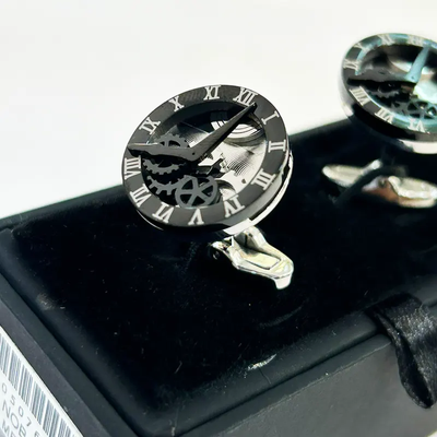 A Pair of Metal Steel Black Watch Look Men's Fashion Cufflinks_img_1