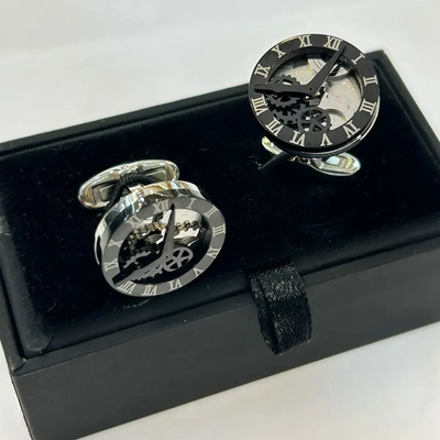 A Pair of Metal Steel Black Watch Look Men's Fashion Cufflinks_img_2