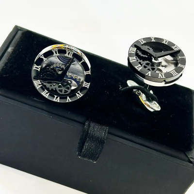 A Pair of Metal Steel Black Watch Look Men's Fashion Cufflinks_img_3