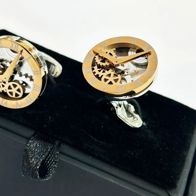 A Pair of Metal Steel Rose Gold Watch Look Men's Fashion Cufflinks_img_1