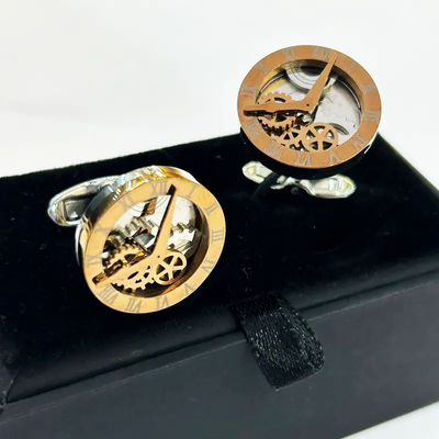 A Pair of Metal Steel Rose Gold Watch Look Men's Fashion Cufflinks_img_2