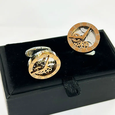 A Pair of Metal Steel Rose Gold Watch Look Men's Fashion Cufflinks_img_3