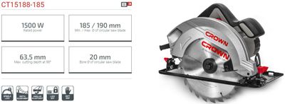 CROWN Professional Circular Saw, 1500W, 185mm, 45/90°, 44/63.5mm; Model: CT15188 - 185_img_7