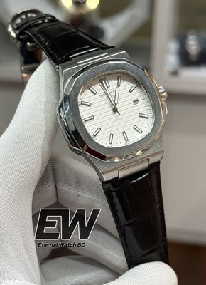 PATEK NAUTILUS WHITE DIAL BLACK BELT SILVER CASE_img_0