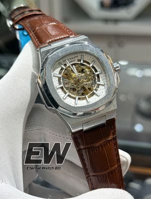 PATEK AUTOMATIC SKELETON WHITE DIAL BROWN BELT SILVER CASE_img_3
