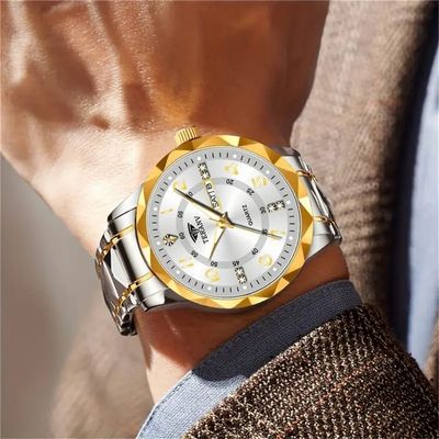 Fashion Men'S Quartz Watch Rhombus Numeral Dial Double Calendar Luminous Waterproof Steel Strap Watch Rhinestone Decorative Watch Business Watch Gift_img_1