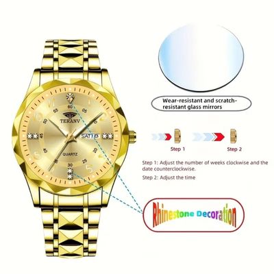 Fashion Men'S Quartz Watch Rhombus Numeral Dial Double Calendar Luminous Waterproof Steel Strap Watch Rhinestone Decorative Watch Business Watch Gift_img_2