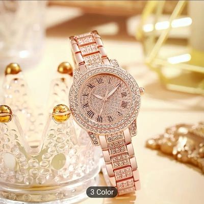 Elegant Women's Quartz Watch - Glamorous Rose Golden with Sparkling Gemstones, Roman Numerals, Stainless Steel Band 012_img_0