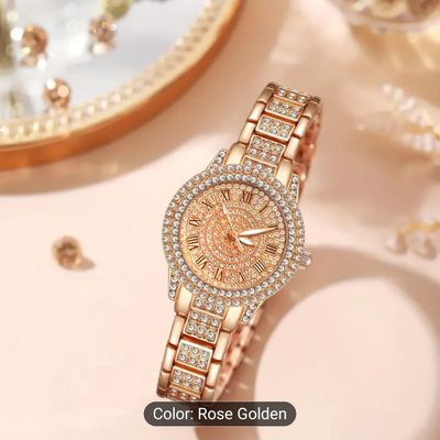 Elegant Women's Quartz Watch - Glamorous Rose Golden with Sparkling Gemstones, Roman Numerals, Stainless Steel Band 012_img_1