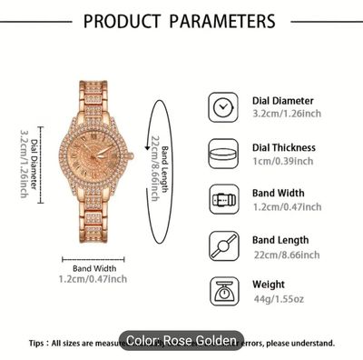 Elegant Women's Quartz Watch - Glamorous Rose Golden with Sparkling Gemstones, Roman Numerals, Stainless Steel Band 012_img_3