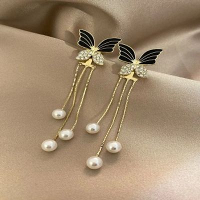 Cubic Zirconia Decor Butterfly & Faux Pearl Drop Earrings_img_0