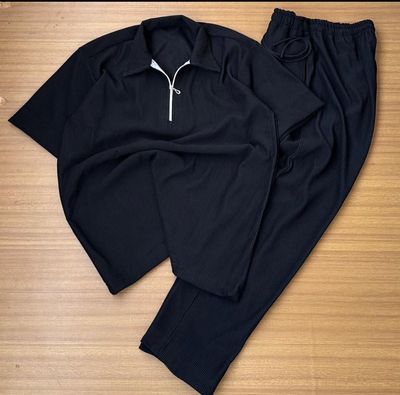 Premium Zipper Polo & Semi Baggy Trouser Black