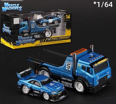 Maisto 1:64 Muscle Transports JDM Flatbed and Liberty Walk 1999 Nissan Skyline GT-R R34 Die-cast Model Car_img_0