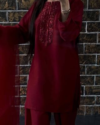 Red Wine Color Cherry georgette Three pieces_img_1