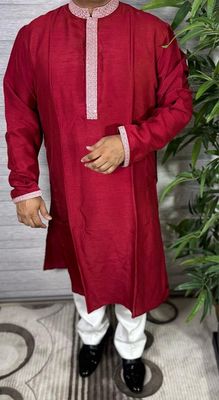 Rich Maroon Panjabi with Contrasting Geometric Placket – Stylish Ethnic Wear by Simple White (Punjabi BDT 4,990 + Pajama BDT 2,500)_img_1