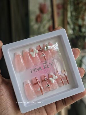 PINK KEY Fake Nails Set - 12 Pieces, Glue Sticker Included_img_0