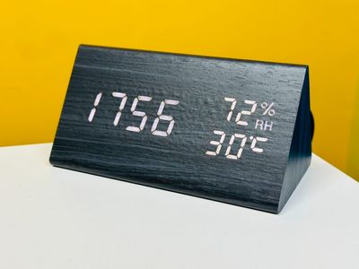 Wooden digital electronic alarm clock triangle wooden clock creative voice control LED can display temperature and humidity_img_1