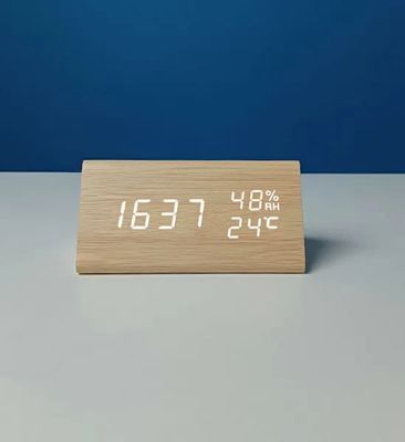 Wooden digital electronic alarm clock triangle wooden clock creative voice control LED can display temperature and humidity_img_5