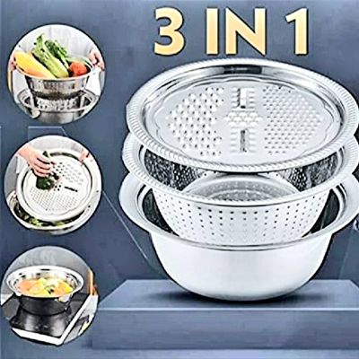 3 in 1 Stainless Steel Drain Basket Vegetable Cheese Grater Fruit Rice Food Washing Bowl Strainer Set Salad Bowl_img_0