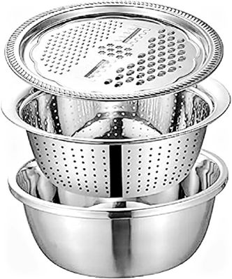 3 in 1 Stainless Steel Drain Basket Vegetable Cheese Grater Fruit Rice Food Washing Bowl Strainer Set Salad Bowl_img_1