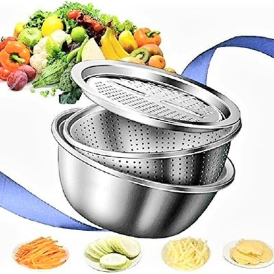 3 in 1 Stainless Steel Drain Basket Vegetable Cheese Grater Fruit Rice Food Washing Bowl Strainer Set Salad Bowl_img_2