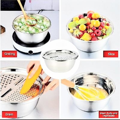 3 in 1 Stainless Steel Drain Basket Vegetable Cheese Grater Fruit Rice Food Washing Bowl Strainer Set Salad Bowl_img_4