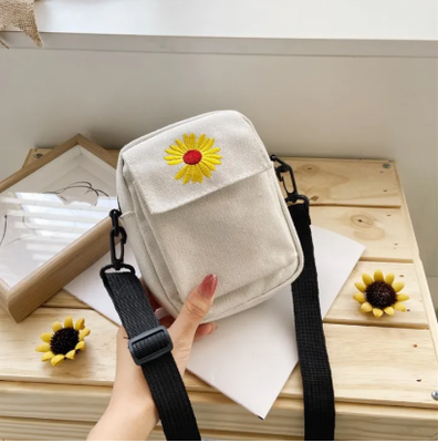 Women's Single Shoulder Bag Small Phone Purse Ladies Handbags Fashion Solid Color Casual Handbag Daisy Canvas Handbag Zipper Bag_img_3