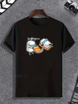 Mens Japanese-inspired Graphic Tee: Sushi Cartoon Print Round Neck Short Sleeve T-shirt - Casual Fashion Statement and Comfortable Loungewear for Summer_img_0