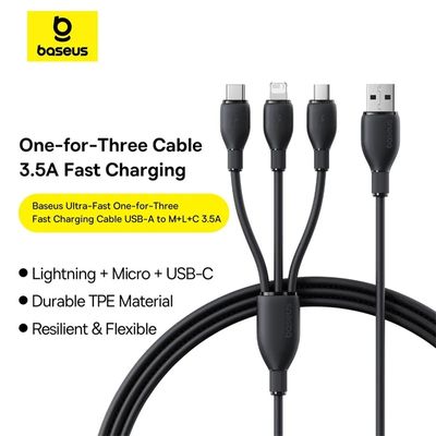 BASEUS Ultra-Fast 3 in 1 Charging Cable – Quick Charge for iPhone, Micro USB & Type-C
