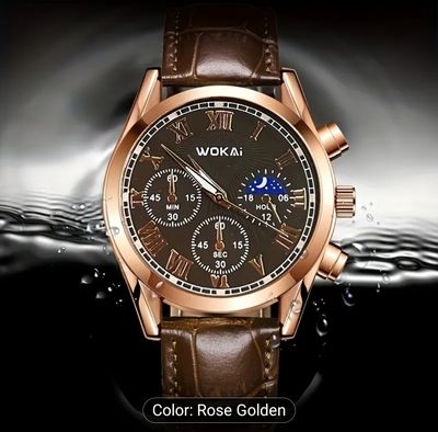 WOKAI Men's Business Quartz Watch - Rose Golden Accents, Brown Faux Leather Strap, Black Dial with Roman Numerals & World Time Zone, Elegant Analog Display for Casual Attire, WOKAI 031_img_0