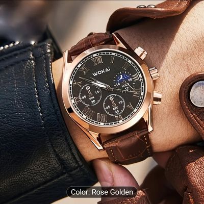 WOKAI Men's Business Quartz Watch - Rose Golden Accents, Brown Faux Leather Strap, Black Dial with Roman Numerals & World Time Zone, Elegant Analog Display for Casual Attire, WOKAI 031_img_1