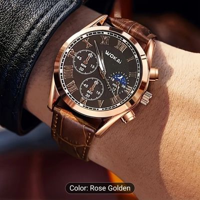 WOKAI Men's Business Quartz Watch - Rose Golden Accents, Brown Faux Leather Strap, Black Dial with Roman Numerals & World Time Zone, Elegant Analog Display for Casual Attire, WOKAI 031_img_2