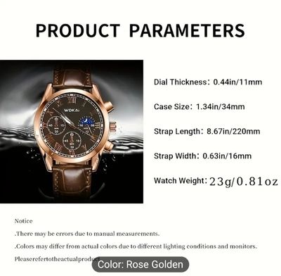WOKAI Men's Business Quartz Watch - Rose Golden Accents, Brown Faux Leather Strap, Black Dial with Roman Numerals & World Time Zone, Elegant Analog Display for Casual Attire, WOKAI 031_img_3