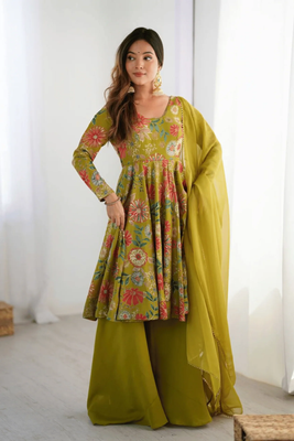 Summer Collection Kediya style Kurti, Plazzo and Dupatta set. olive colour_img_1
