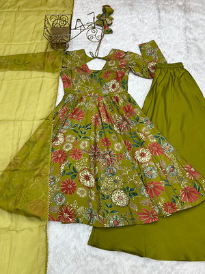 Summer Collection Kediya style Kurti, Plazzo and Dupatta set. olive colour_img_5