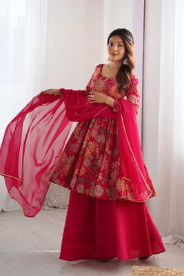 Summer Collection Kediya style Kurti, Plazzo and Dupatta set, rani Golapi