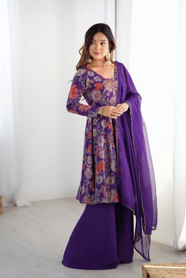 Summer Collection Kediya style Kurti, Plazzo and Dupatta set. purple colour_img_1
