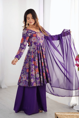 Summer Collection Kediya style Kurti, Plazzo and Dupatta set. purple colour_img_2
