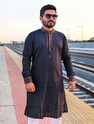 Premium Elite embroidered cuff style black panjabi_img_3