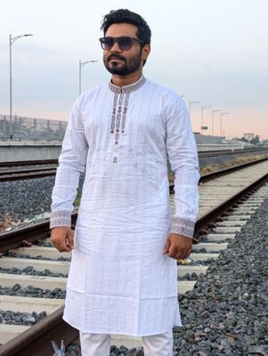 Premium Elite embroidered cuff style white panjabi_img_2