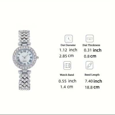 [1pc Elegant Ladies' Rhinestone Wristwatch] 1pc Elegant Ladies' Rhinestone Roman Numeral Quartz Wristwatch, Casual Style Round Alloy Case with Bracelet Band, Non- Fashion Timepiece with Button Battery 34_img_1