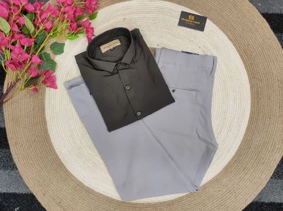 Gabadine ash pant with Dark brown Shirt