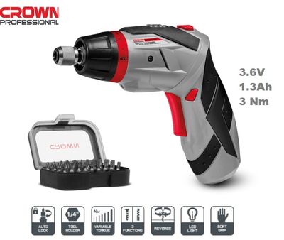 Crown 3.6v Cordless Screwdriver with 31pcs bit set, 1.3Ah, Chuck : 6.35mm, Max. Torque: 3N.m, Model:CT22025_img_0