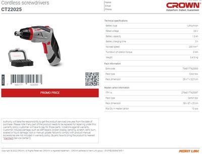 Crown 3.6v Cordless Screwdriver with 31pcs bit set, 1.3Ah, Chuck : 6.35mm, Max. Torque: 3N.m, Model:CT22025_img_4